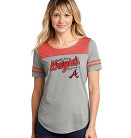 QC Area Knights Distressed Print Ladies PosiCharge Tri-Blend Wicking Fan Tee-Grey/Red