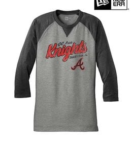 New Era QC Area Knights Distressed Print New Era Sueded Cotton Blend 3/4-Sleeve Baseball Raglan Tee-Grey/Black