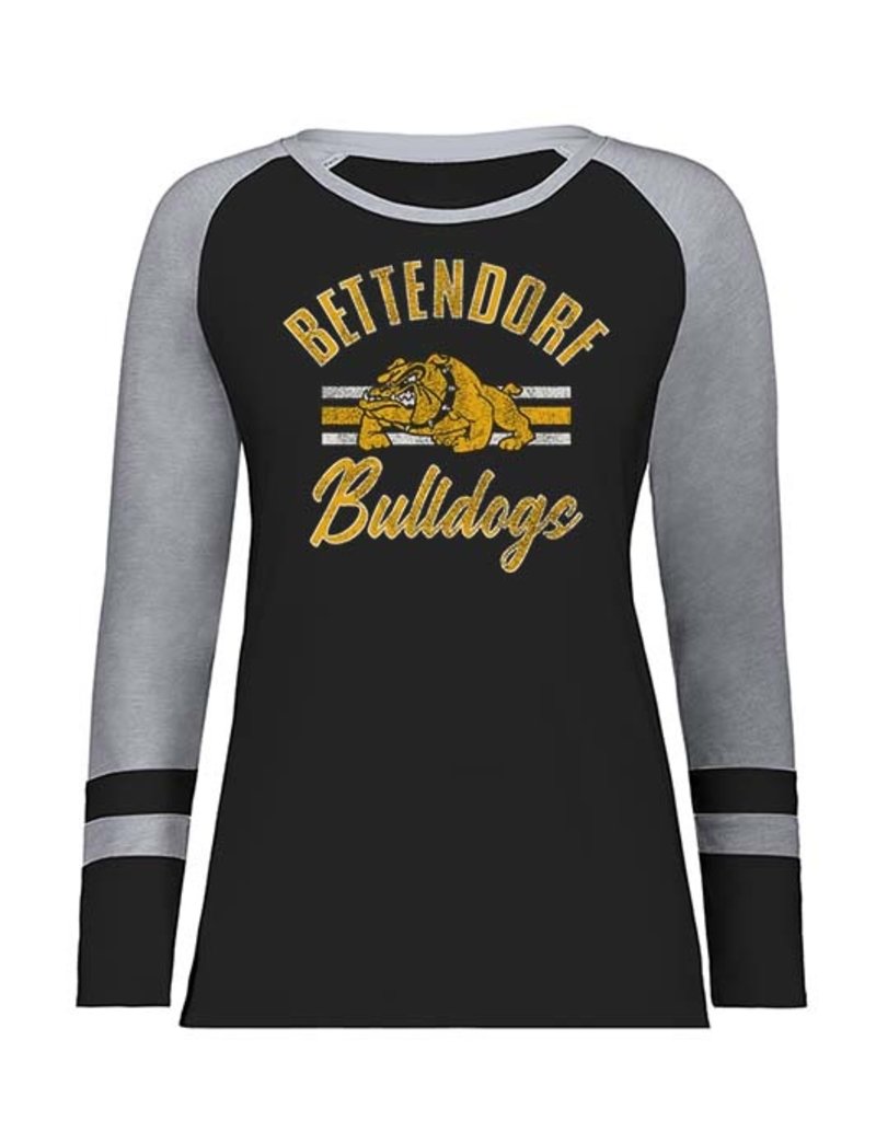 Bettendorf Bulldogs Vintage Print Ladies Fanatic Long Sleeve Tee-Black/Grey