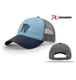 PV Richardson Garment Washed tri-color snap back trucker cap-Columbia Blue/Charcoal/Navy