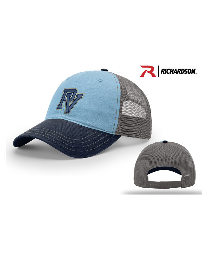 PV Richardson Garment Washed tri-color snap back trucker cap-Columbia Blue/Charcoal/Navy