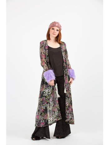 Violet Floral Faux Fur Cuff Duster with Pockets