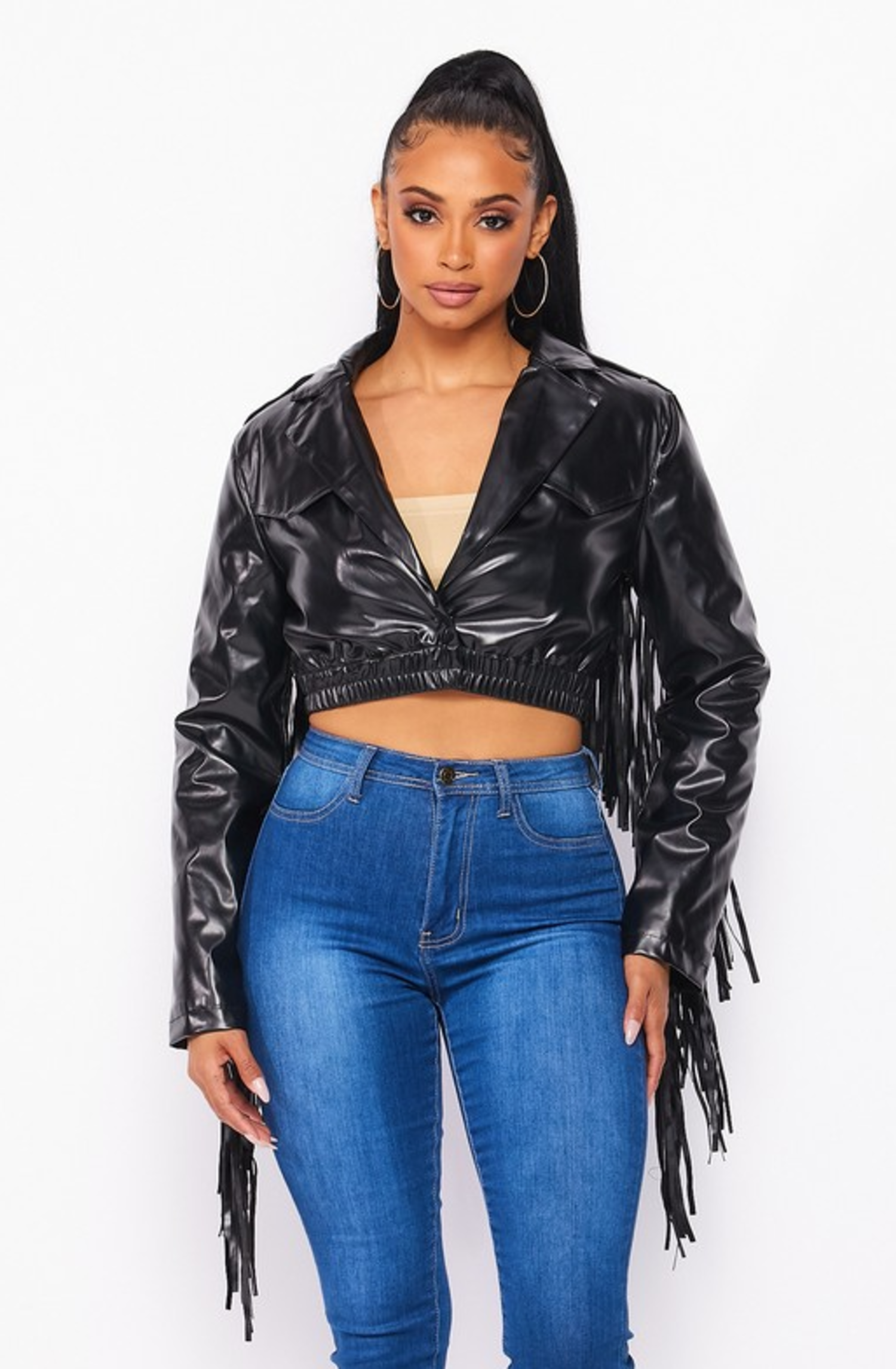 Black Faux Leather Fringe Cropped Jacket