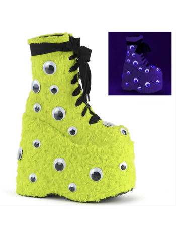 Demonia Slay-206 Lime Green Faux Fur Eyeball Lace-Up Platform Ankle Boot