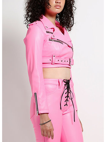 TRIPP NYC Pink Faux Leather Crop Moto Jacket
