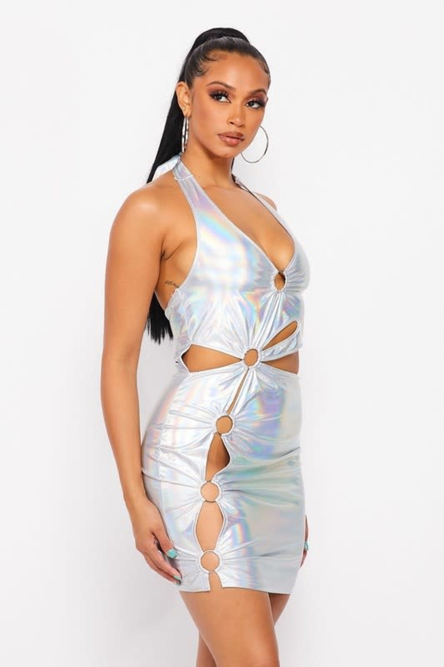 Holographic Deep V Neck Mini Dress W Cutout O Ring No Rules Fashion No Rules Fashion