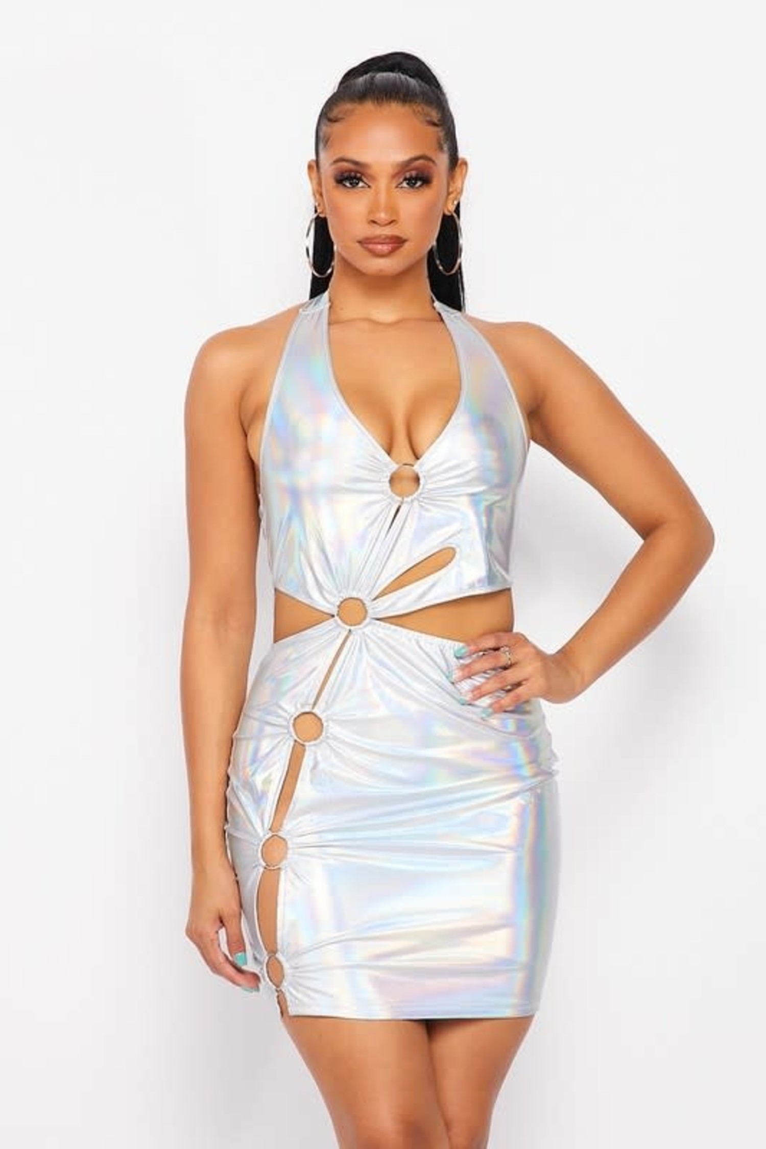 Holographic Deep V Neck Mini Dress W Cutout O Ring No Rules Fashion No Rules Fashion