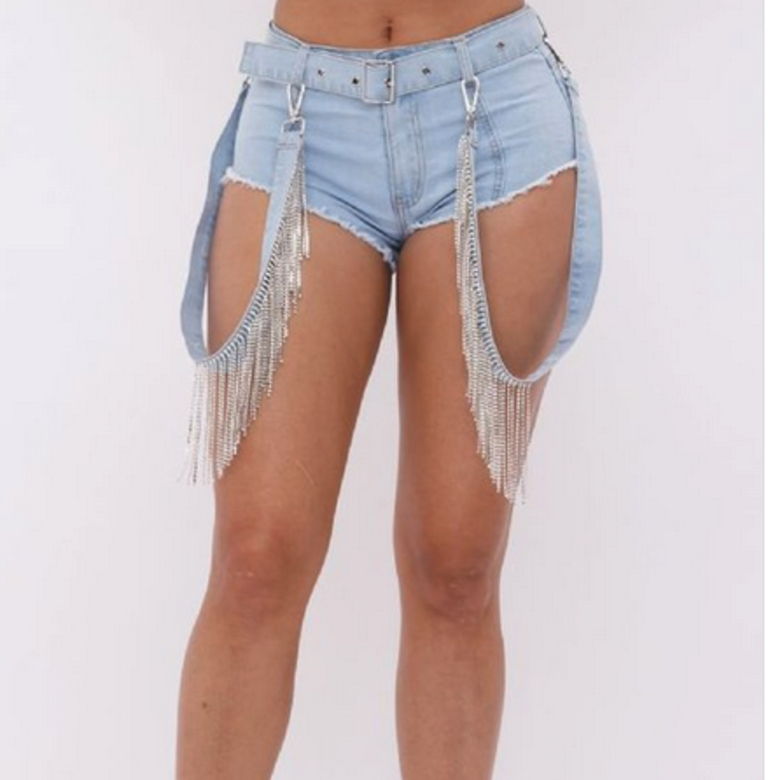Denim Booty Shorts w/ Rhinestone Fringe 