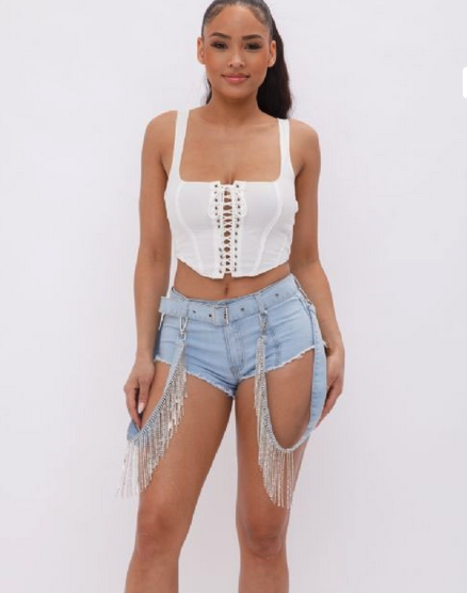 Denim Booty Shorts w/ Rhinestone Fringe 