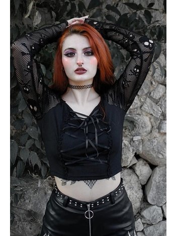 MAEJOY FASHION Gothic Lace-up Crop Top with Crossbone Mesh
