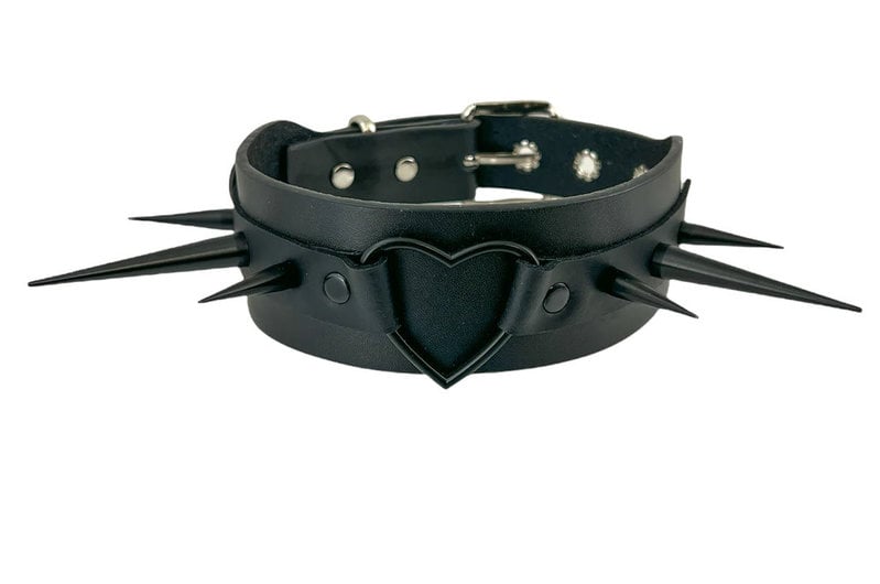 Wide Spiked Leather Choker with Heart