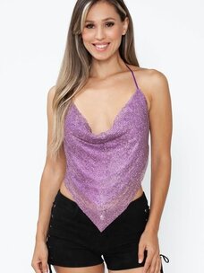 Rhinestone Metallic Backless Cowl Neck Halter Top