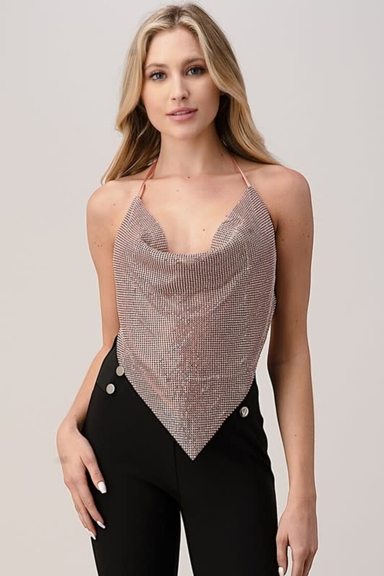 Rhinestone Metallic Backless Cowl Neck Halter Top
