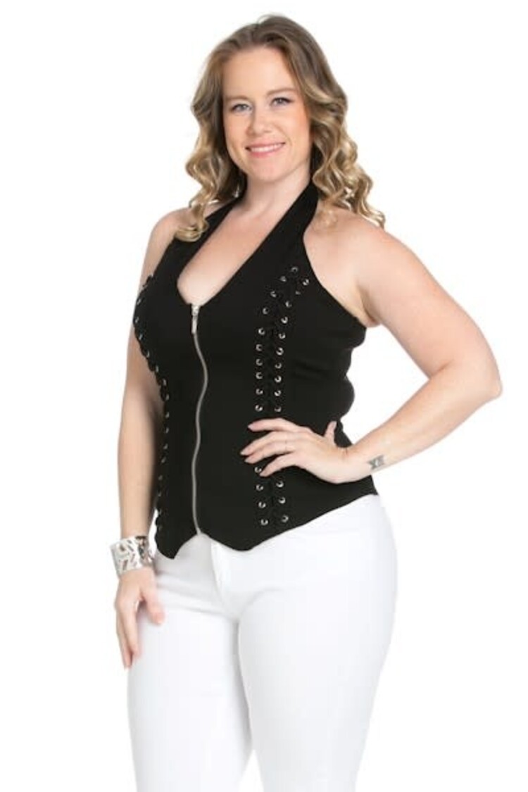Zip Front Lace Up Detail Halter Top Plus Size