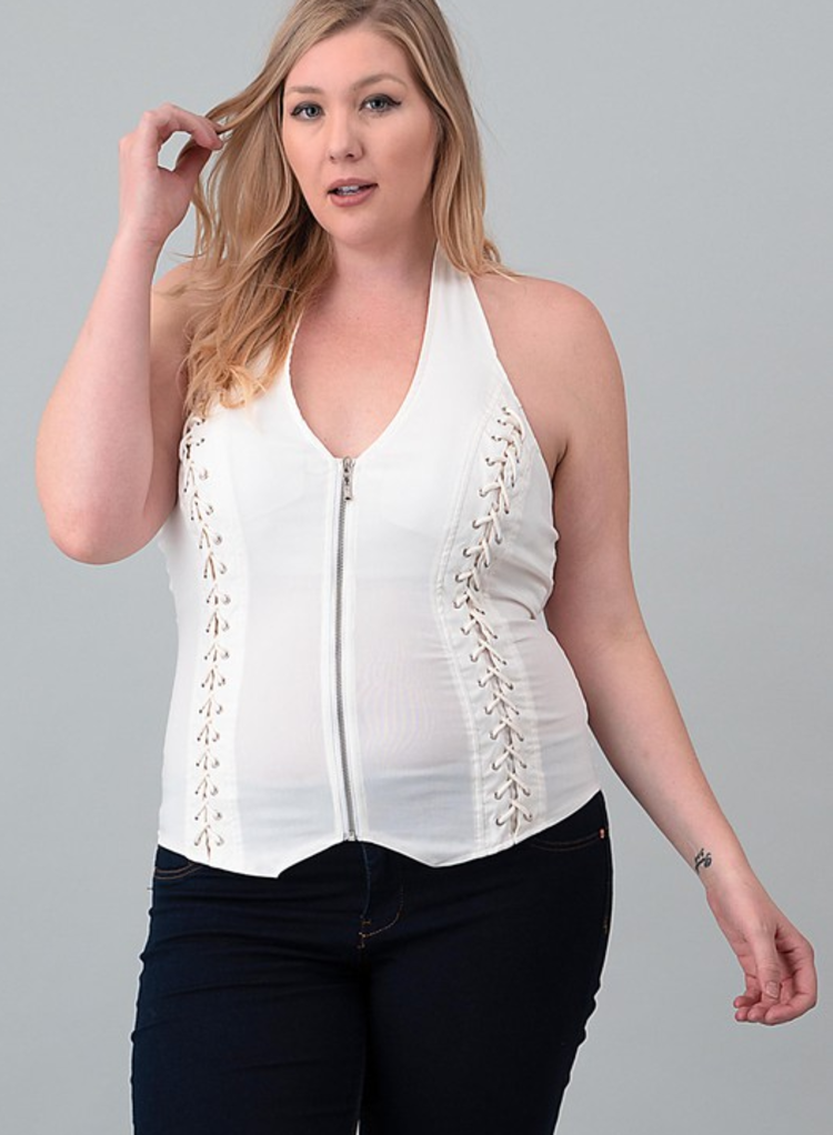 Zip Front Lace Up Detail Halter Top Plus Size