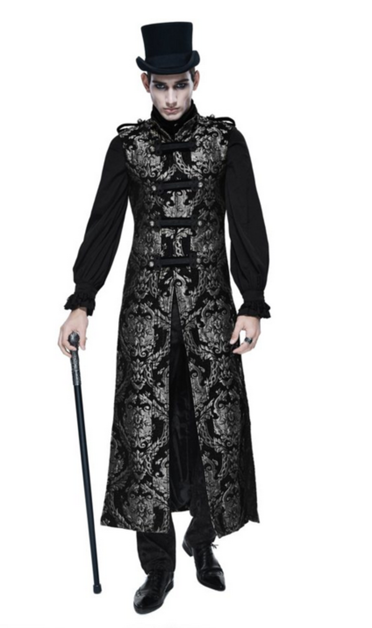 Gothic Long Brocade Military Waistcoat Silver