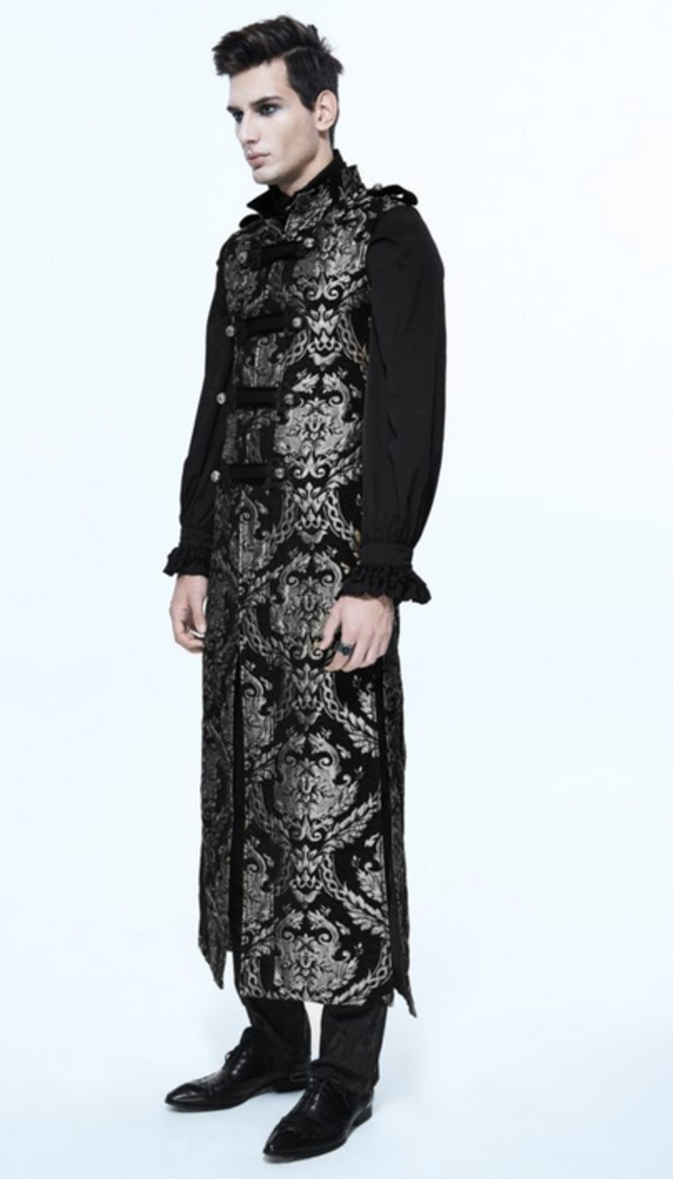 Gothic Long Brocade Military Waistcoat Silver
