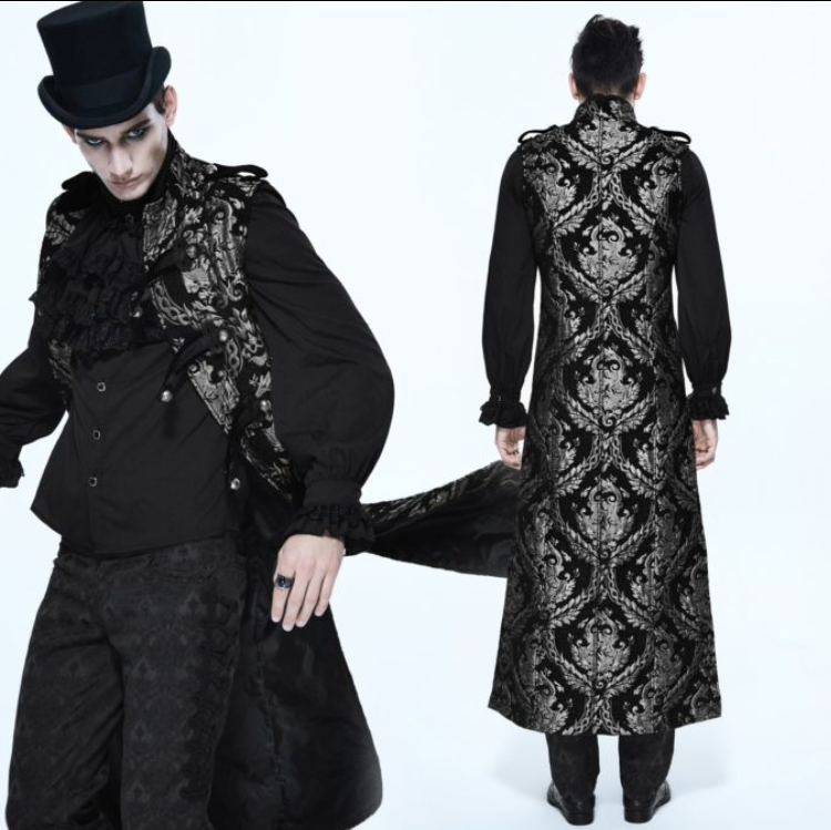 Gothic Long Brocade Military Waistcoat Silver