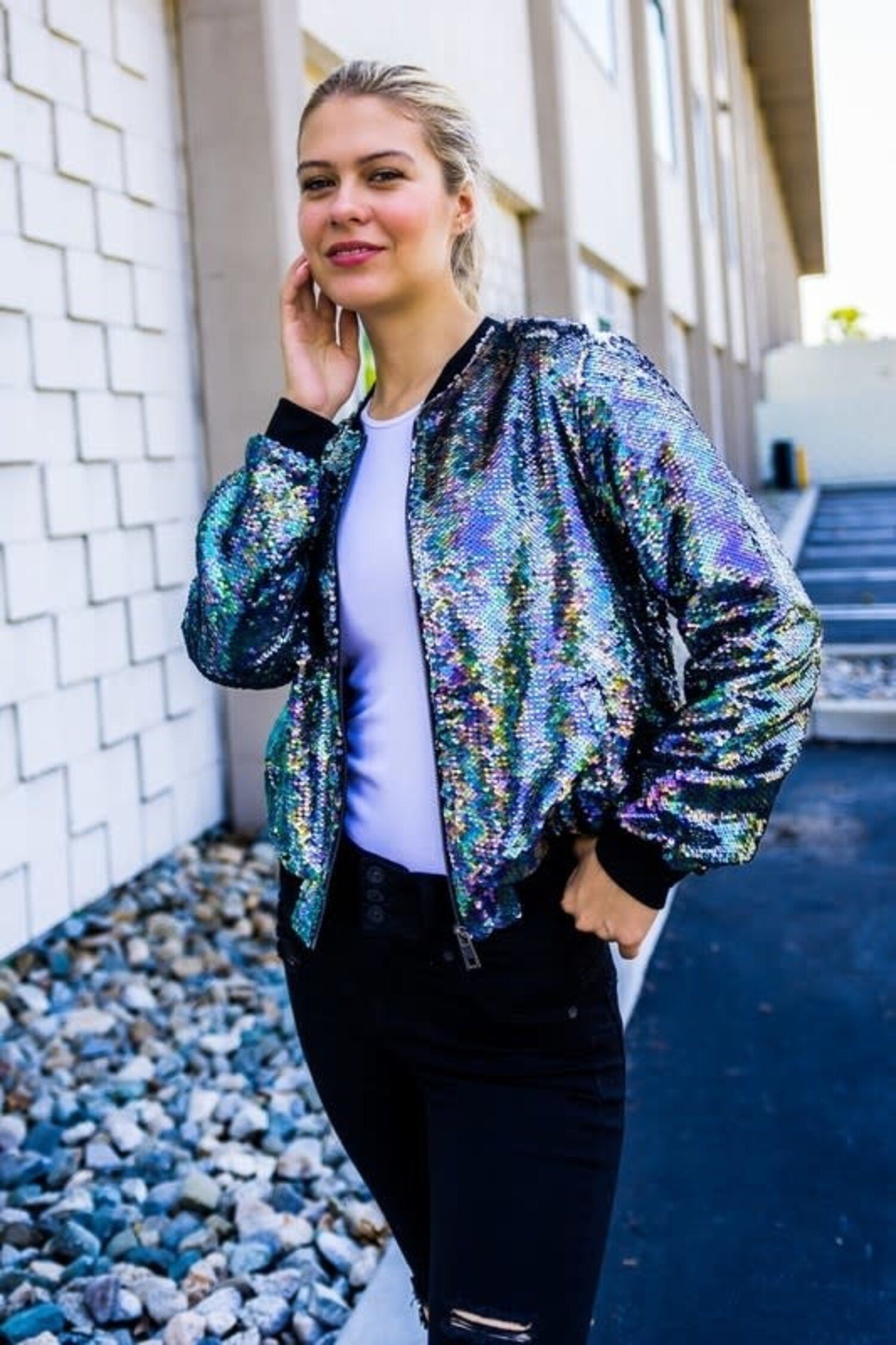 Silver Sequin Bomber Jacket  No Rules Fashion - No Rules Fashion