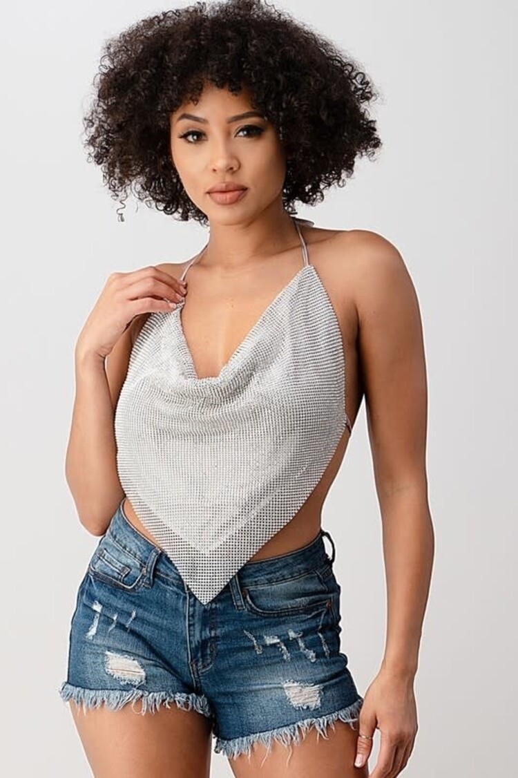 Rhinestone Metallic Backless Cowl Neck Halter Top