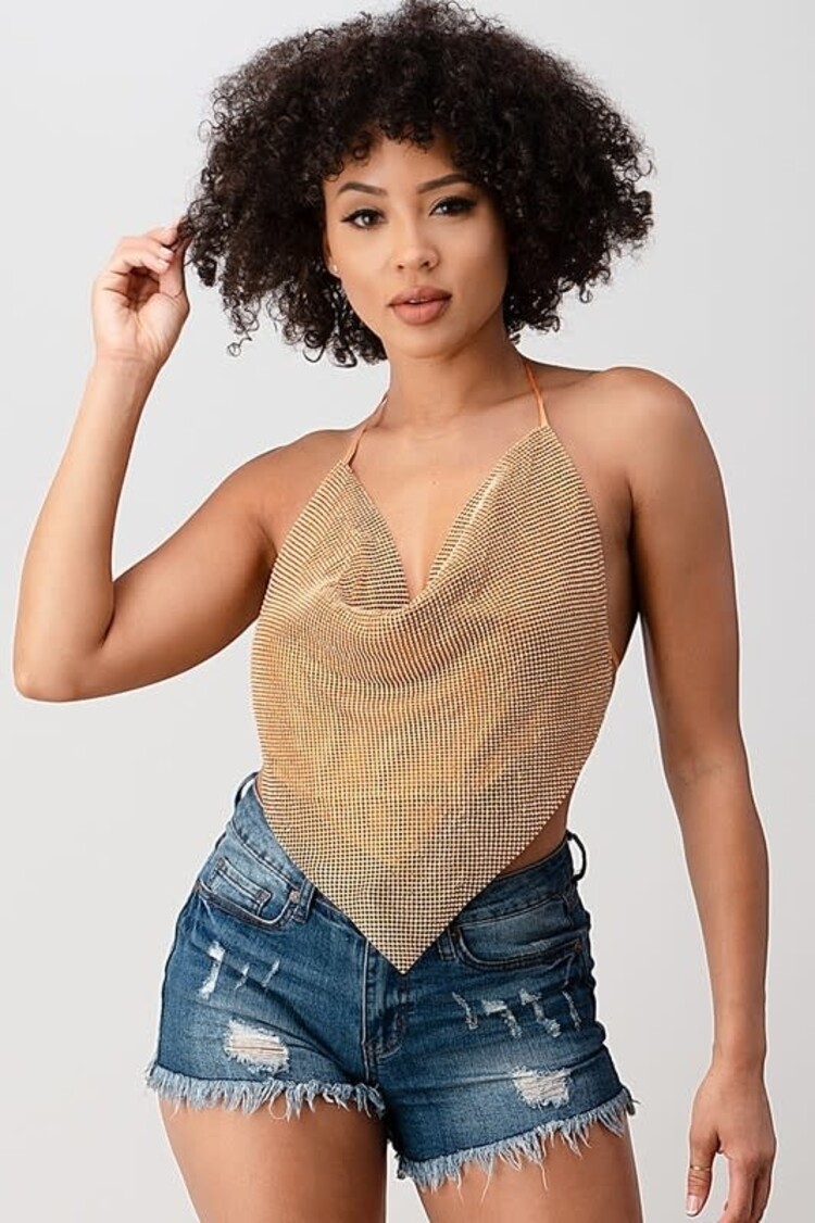 Rhinestone Metallic Backless Cowl Neck Halter Top