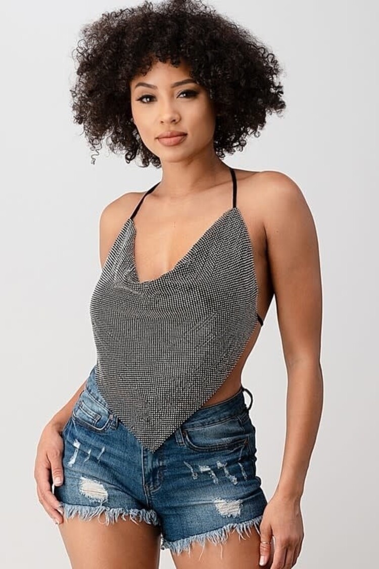 Rhinestone Metallic Backless Cowl Neck Halter Top