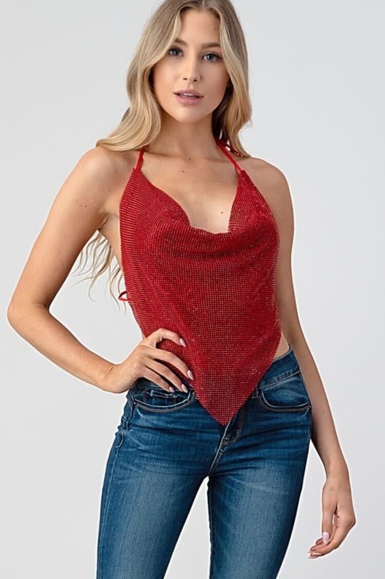 Rhinestone Metallic Backless Cowl Neck Halter Top