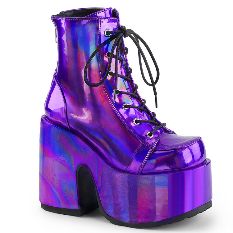 Camel-203 Purple Holo Chunky Heel Lace Up Ankle Boot