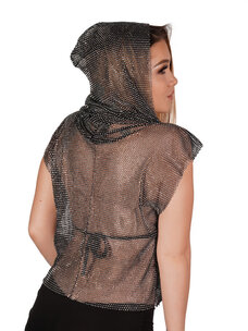 Rhinestone Mesh Hooded Zip Up Shirt