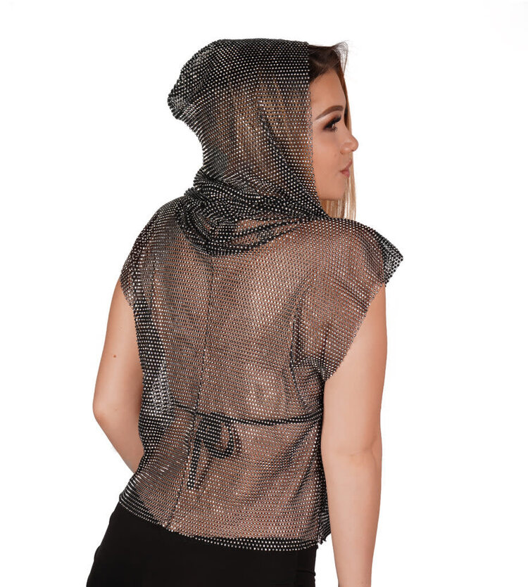 Rhinestone Mesh Hooded Zip Up Shirt