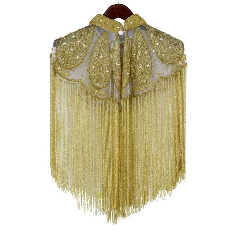 Beaded Art Deco Shoulder Shawl Gold - Gold Fringes with Collar