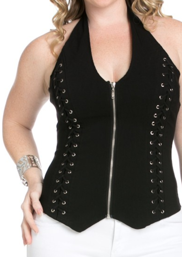 Zip Front Lace Up Detail Halter Top Plus Size