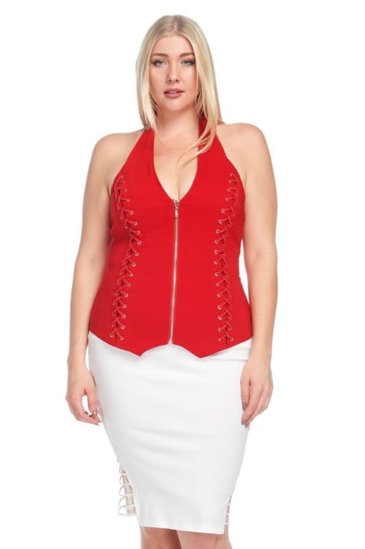 Zip Front Lace Up Detail Halter Top Plus Size