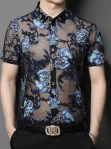 Floral Embroidered Short Sleeve Mesh Button Up Shirt