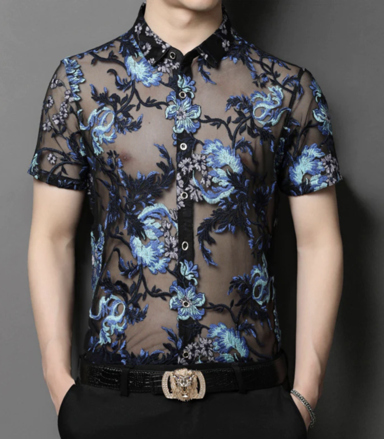 Floral Embroidered Short Sleeve Mesh Button Up Shirt