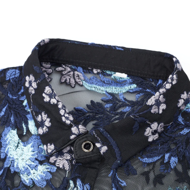 Floral Embroidered Short Sleeve Mesh Button Up Shirt