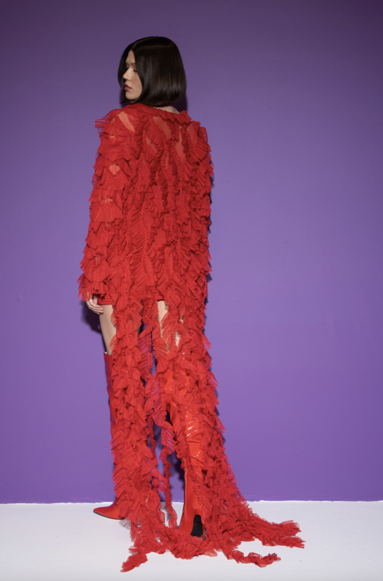 Red Ruffle Trim Mesh Duster