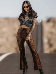 Tiger Print Velvet Lace Up Bell Bottoms