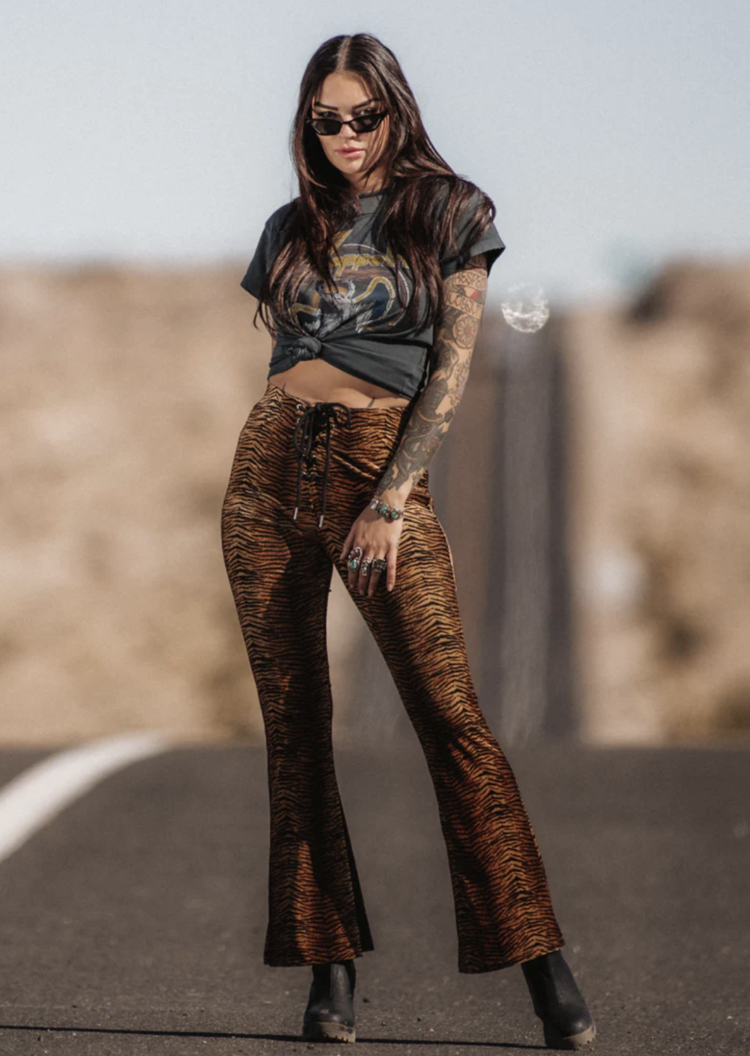 Tiger Print Velvet Lace Up Bell Bottoms