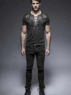 Distressed Leather Patch Lace Up Shirt