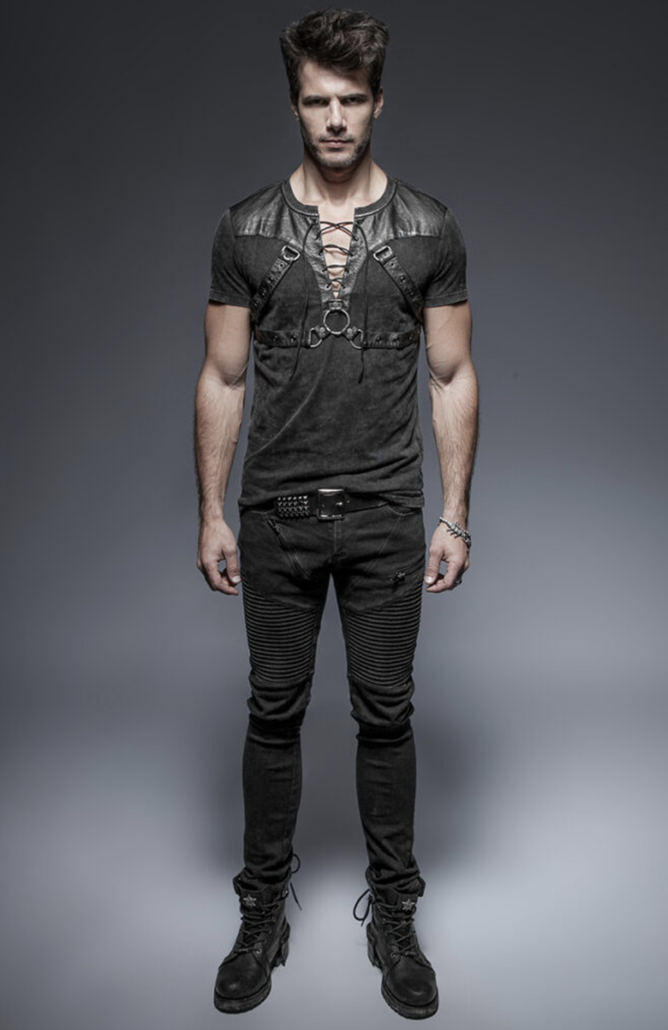 Distressed Leather Patch Lace Up Shirt