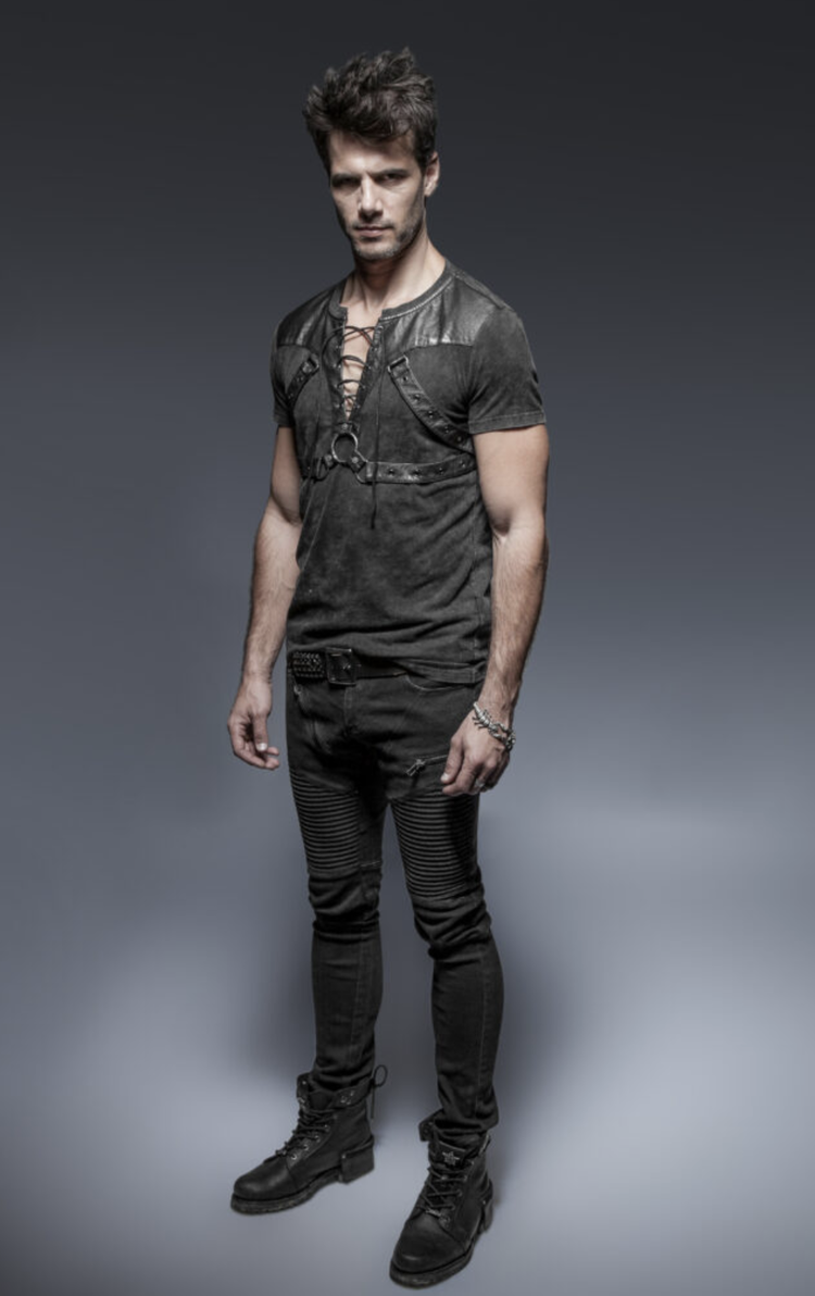 Distressed Leather Patch Lace Up Shirt