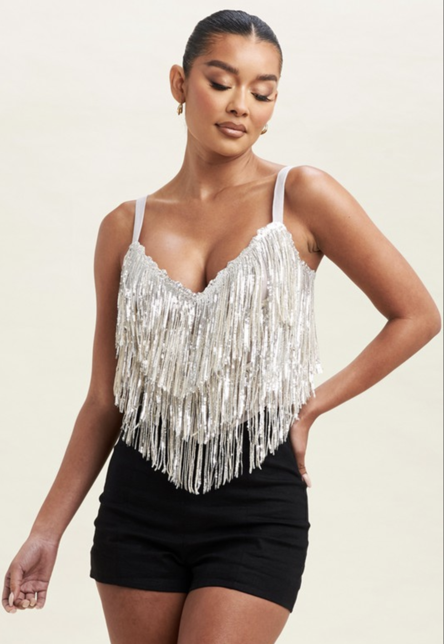 Nude Silver Fringe Sequin Top