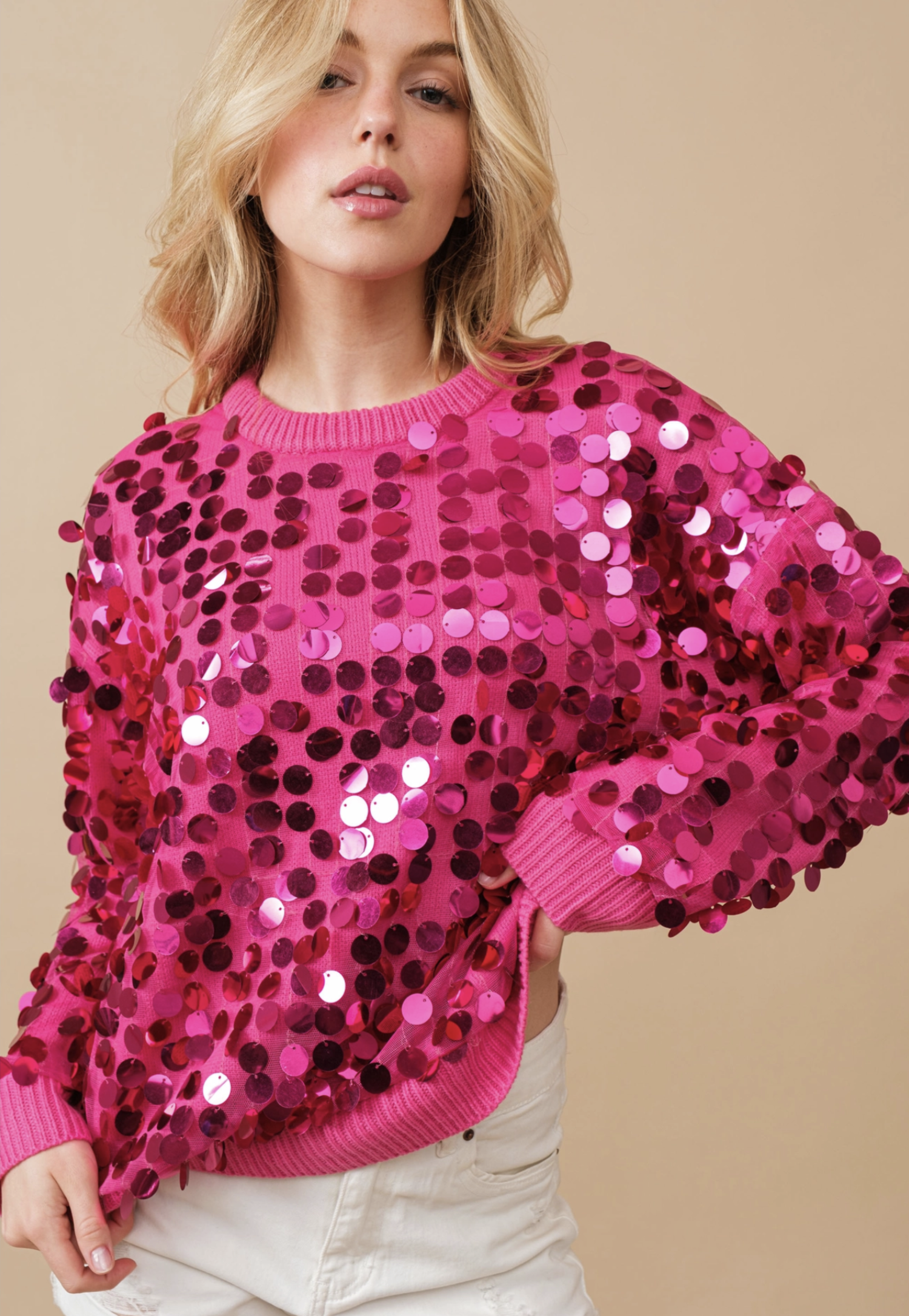Hot Pink Payette Sequin Crew Neck Sweatshirt No Rules Fashion