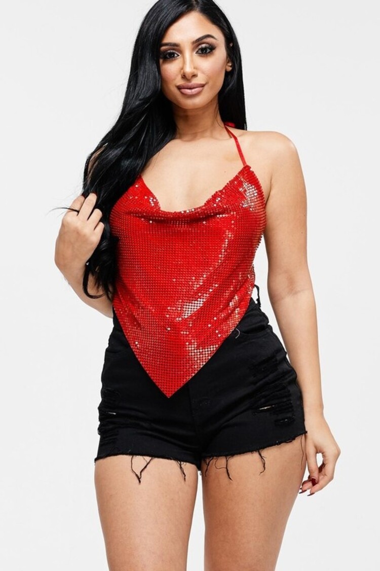 Metallic Cowl Backless Halter Top