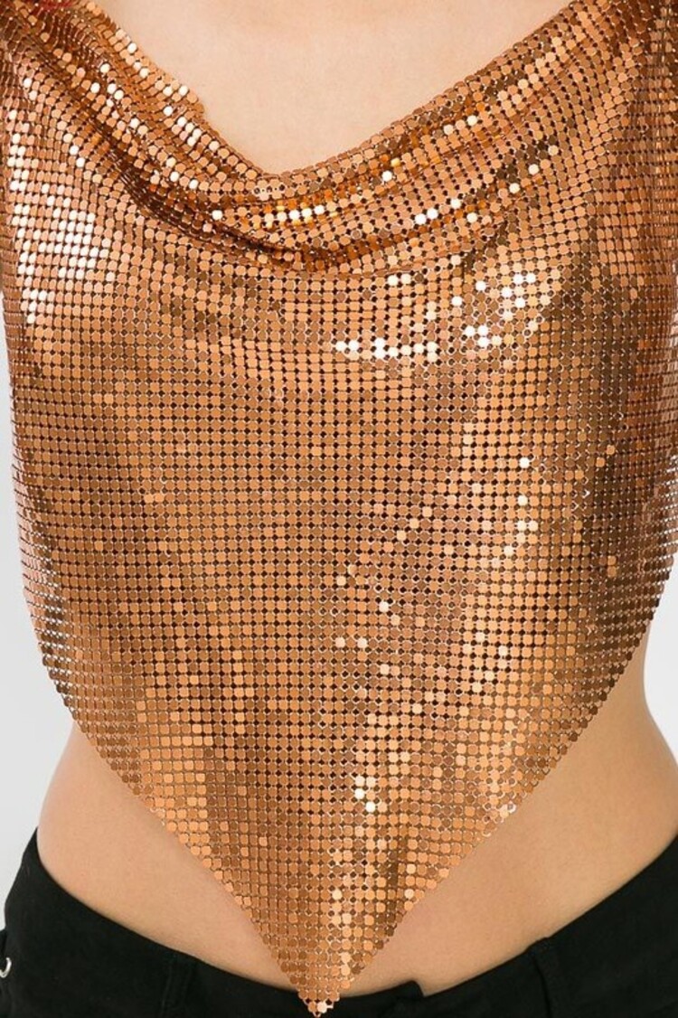 Metallic Cowl Backless Halter Top