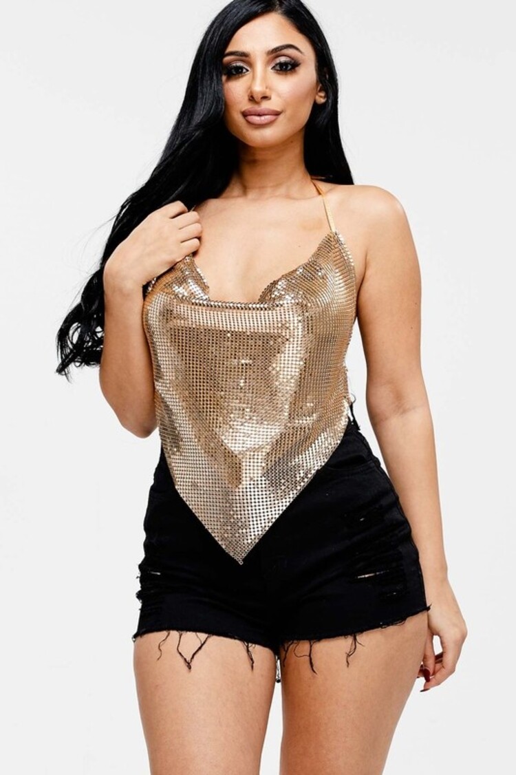 Metallic Cowl Backless Halter Top