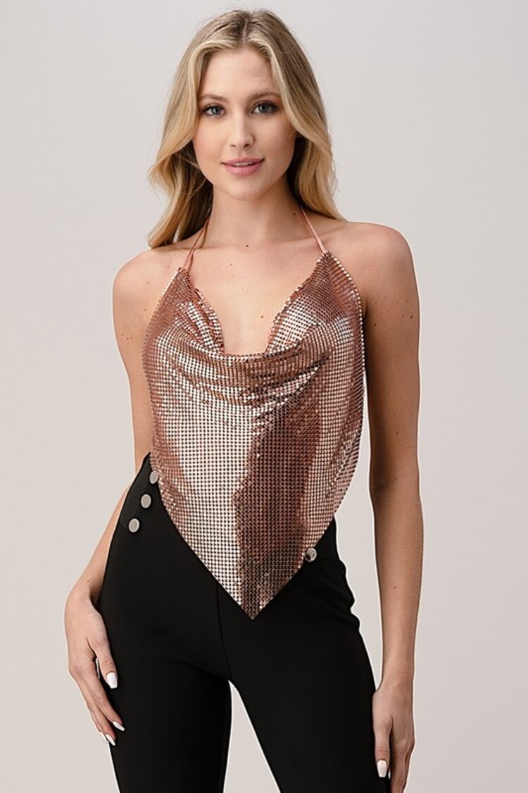 Metallic Cowl Backless Halter Top