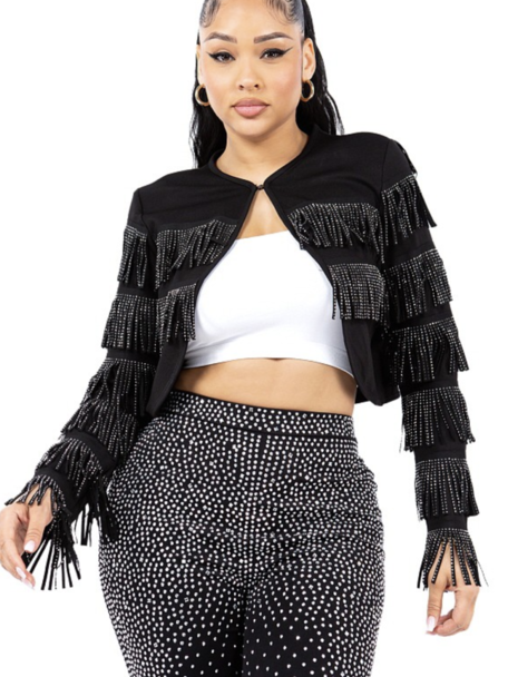 Saints & Hearts Sequin Fringe Cropped Jacket - Silver Medium, Women's