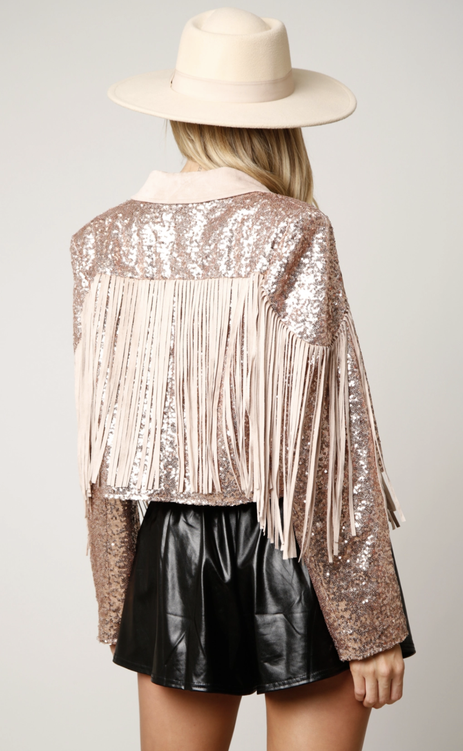 FRINGED SEQUIN MOTO JACKET ROSE GOLD